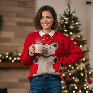 Vtg 80s/90s Evian II Hand Knit Teddy Bear Sweater M | Red Chunky Novelty Women M